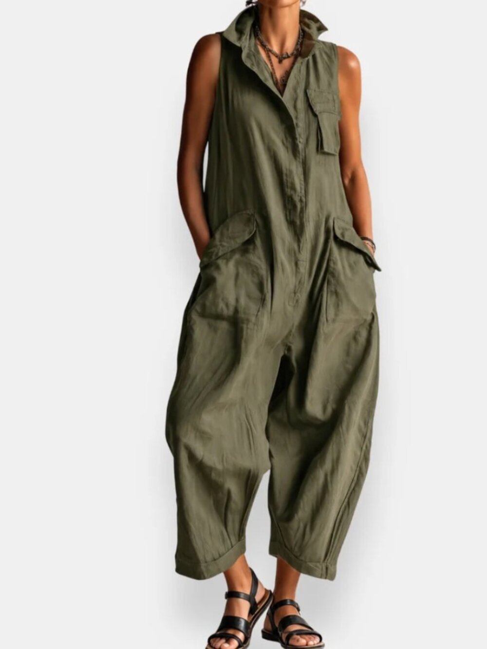 Sleeveless Cargo Jumpsuit with Collar and pockets
